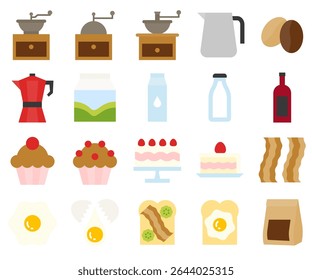 Cafe food and material icon set. Flat color style
