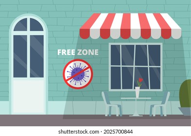 Cafe free bacterias zone. Reopen restaurant, cafeteria. Safety public places for vaccinated people vector background