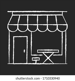 Cafe Front Chalk White Icon On Black Background. Coffeeshop Storefront. Cafeteria Exterior. Bistro Building With Awning. Table And Chair At Diner Terrace. Isolated Vector Chalkboard Illustration