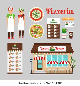 Cafe front design, food and stuff of Pizza house. Vector icons set