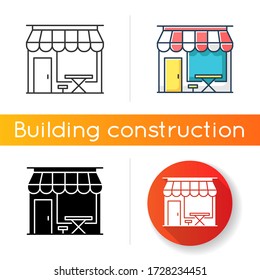 Cafe front icon. Coffeeshop storefront. Cafeteria exterior. Bistro building with awning. Table and chair at diner terrace. Linear black and RGB color styles. Isolated vector illustrations