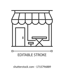 Cafe front pixel perfect linear icon. Coffeeshop storefront. Cafeteria exterior. Thin line customizable illustration. Contour symbol. Vector isolated outline drawing. Editable stroke