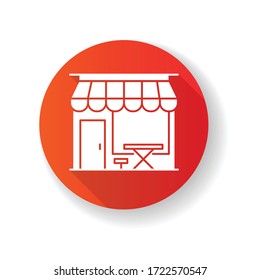Cafe Front Red Flat Design Long Shadow Glyph Icon. Coffeeshop Storefront. Cafeteria Exterior. Bistro Building With Awning. Table And Chair At Diner Terrace. Silhouette RGB Color Illustration