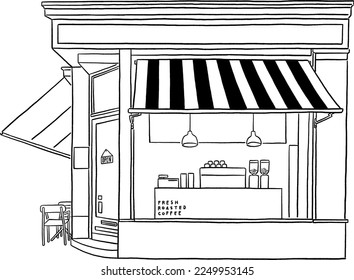 Cafe Front shop Corner Restaurant Business Architecture in city Hand drawn line art illustration