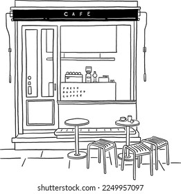 Cafe Front shop with table and seat Restaurant small Business Hand drawn line art illustration