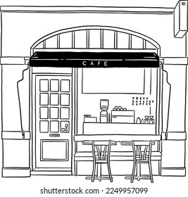 Cafe Front shop with table and seat Restaurant Business in city Hand drawn line art illustration