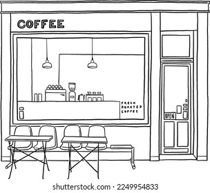 Cafe Front shop Table and seats Restaurant window Small Business Hand drawn line art illustration