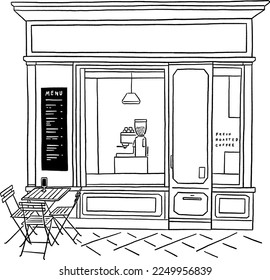 Cafe Front shop Table and seats Classic style Restaurant Business Hand drawn line art illustration