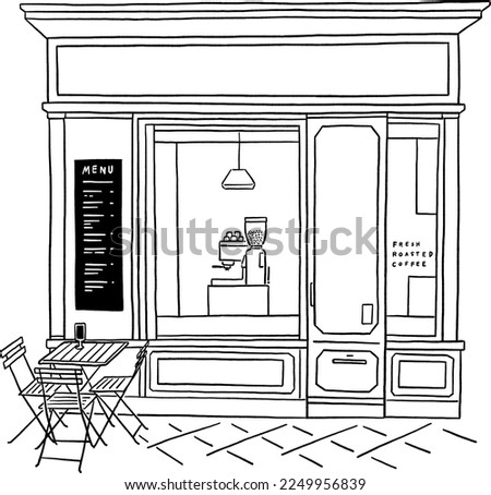 Cafe Front shop Table and seats Classic style Restaurant Business Hand drawn line art illustration