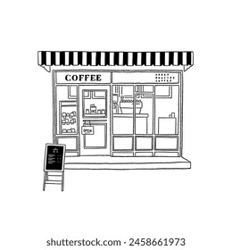 Cafe Front Shop Schaufensteranzeige mit Menüzeichen Restaurant Business Hand gezeichnete Linie Kunst Illustration