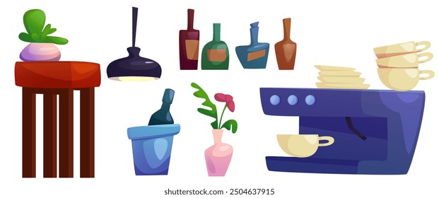 Conjunto de muebles y equipos de café aislado sobre fondo blanco. Vector ilustración de dibujos animados de cafetera, tazas y platos, botellas de alcohol, champaña en cubo de hielo, flor en florero, taburete de madera