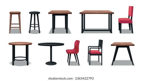 Cafe furniture realistic icons set with bar chairs and tables isolated vector illustration