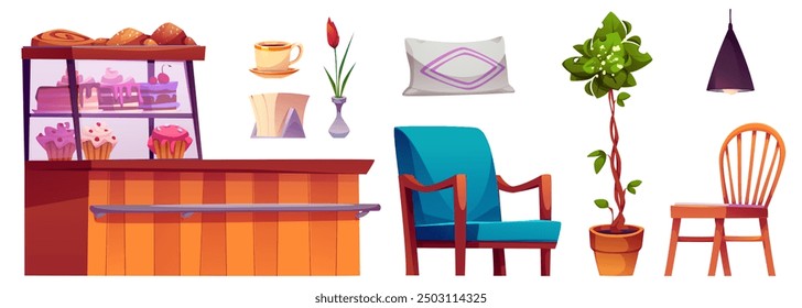 Conjunto de muebles de café aislado sobre fondo blanco. Ilustración de dibujos animados de Vector de escaparate de la tienda de panadería con pasteles y pasteles, mostrador de madera y sillones, taza de café, flor en florero, decoración interior