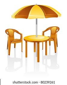 Cafe, garden furniture: table, chair, parasol.  Isolated on a white background.