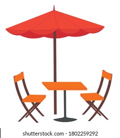 Cafe and garden furniture wooden table, chair, red umbrella isolated on a white background. Summer outdoor cafe. Bistro square table with opened bumbershoot. Coffeehouse or restaurant open area
