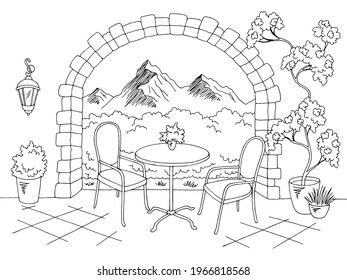 Cafe garden terrace graphic table chair black white sketch illustration vector