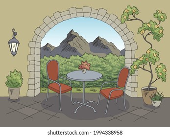 Cafe garden terrace graphic table chair color sketch illustration vector 