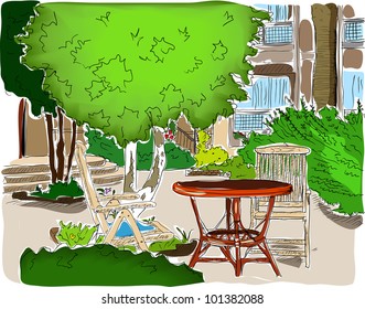 Cafe in the Garden. Vector illustration EPS8
