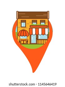 Cafe and geolocation icon flat design. Urban streetscape. Cartoon exterior architecture, touristic place, facade for illustration of business/ town-planning project, background for any cartoon scene