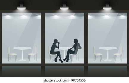 Cafe with glass windows and women silhouette, front view. Vector exterior.