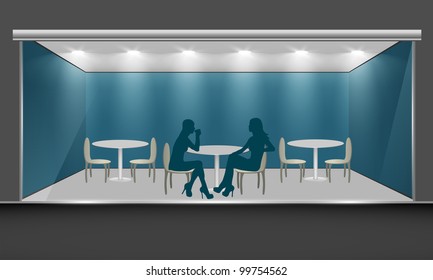 Cafe with glass windows and women silhouette, front view. Vector exterior.