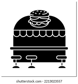  Cafe glyph icon. Fast food restaurant. Place with special menu consist of sandwiches, burgers and other unhealthy dishes. Fast food concept.Filled flat sign. Isolated silhouette vector illustration