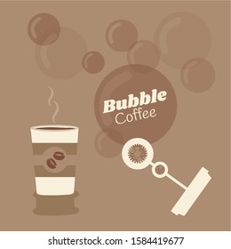 Cafe to go or coffee shop logo idee. cardboard cup Vector illustration flat design cartoon creative. blower soap bubble wand concept like lid & cover art. brown aroma background art. energy in the air