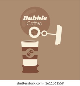 Cafe to go or coffee shop logo idee. cardboard cup Vector illustration flat design cartoon creative. blower soap bubble wand concept like lid & cover art. brown aroma background art. energy in the air