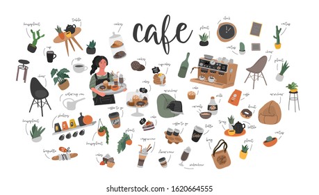 Cafe hand drawn collection . Cartoon coffee shop infographic set. Small business, houseplant and interior decoration, logo lettering and quote, barista, waiter character. Vector illustration