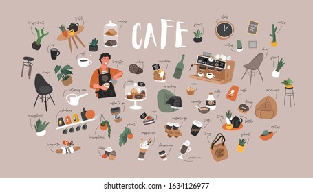 Cafe hand drawn collection . Cartoon coffee shop infographic set. Small business, houseplant and interior decoration, logo lettering and quote, barista, waiter character. Vector illustration