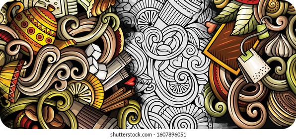Cafe hand drawn doodle banner. Cartoon detailed flyer. Coffee identity with objects and symbols. Color vector design elements background