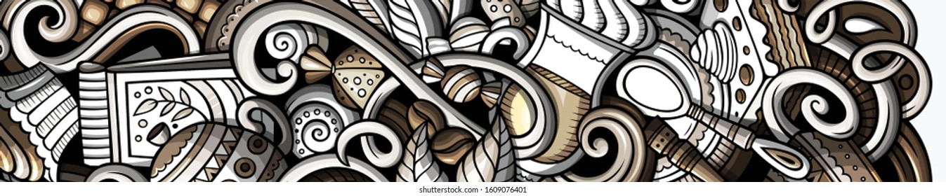 Cafe hand drawn doodle banner. Cartoon detailed flyer. Coffee identity with objects and symbols. vector design elements background