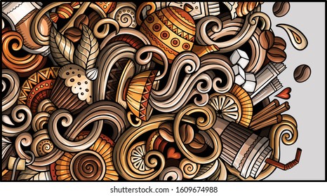 Cafe hand drawn doodle banner. Cartoon detailed flyer. Coffee identity with objects and symbols. Color vector design elements background