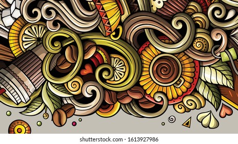 Cafe hand drawn doodle banner. Cartoon detailed flyer. Coffee identity with objects and symbols. Color vector design elements background