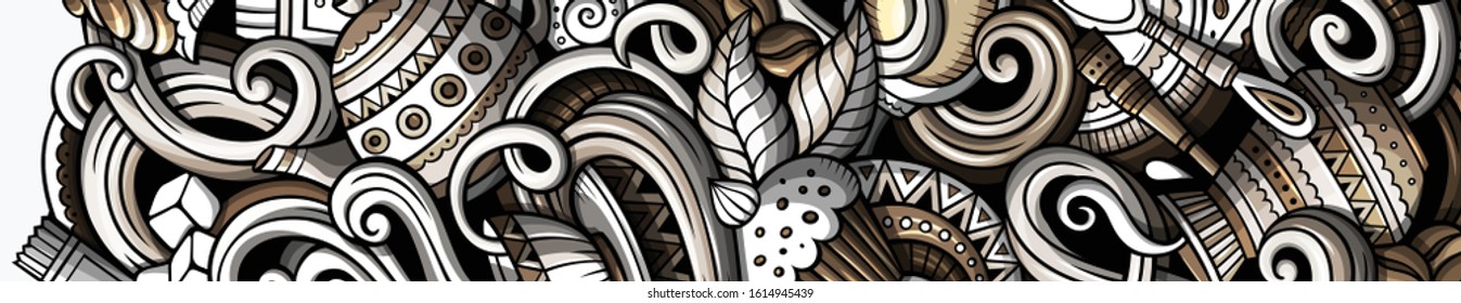 Cafe hand drawn doodle banner. Cartoon detailed flyer. Coffee identity with objects and symbols. vector design elements background