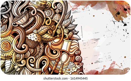 Cafe hand drawn doodle banner. Cartoon detailed flyer. Coffee identity with objects and symbols. Watercolor vector design elements background