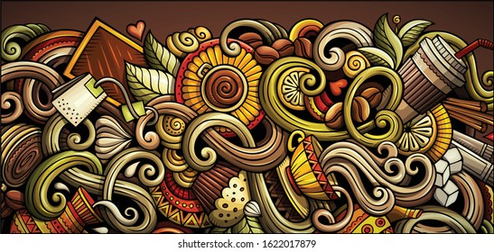Cafe hand drawn doodle banner. Cartoon detailed flyer. Coffee identity with objects and symbols. Color vector design elements background