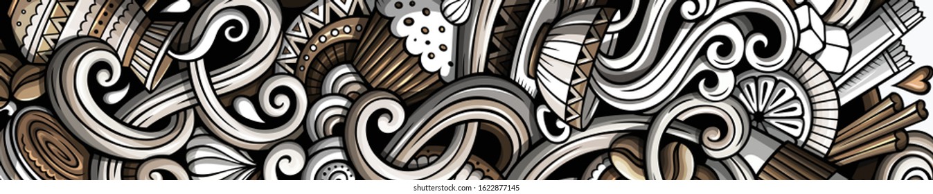 Cafe hand drawn doodle banner. Cartoon detailed flyer. Coffee identity with objects and symbols. vector design elements background
