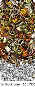 Cafe hand drawn doodle banner. Cartoon detailed flyer. Coffee identity with objects and symbols. Color vector design elements background