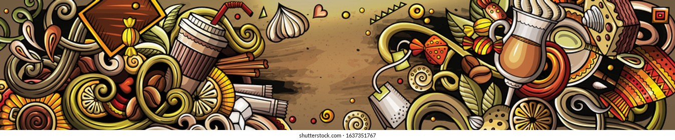Cafe hand drawn doodle banner. Cartoon detailed flyer. Coffee identity with objects and symbols. Color vector design elements background