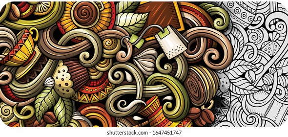 Cafe hand drawn doodle banner. Cartoon detailed flyer. Coffee identity with objects and symbols. Color vector design elements background