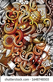 Cafe handgezeichnet doodle Banner. Cartoon detaillierter Flyer. Kaffeeidentität mit Objekten und Symbolen. Vektorillustration mit Aquarellfarben, Hintergrund