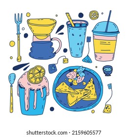 Cafe hand drawn flat illustration with different food: cupcake, filter coffee, cold tea, egg. Doodle style hand drawn vector background. Restaurant menu or tea party background.