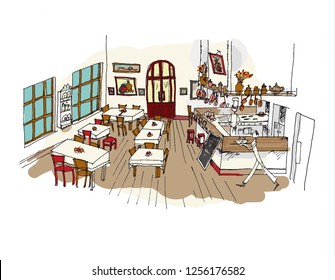Cafe hand drawn linear illustration. Restaurant, canteen, eatery, bistro interior black ink pen sketch. Catering service freehand contour drawing. Serving waiters perspective outline vector