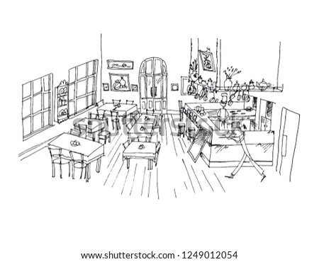Cafe hand drawn linear illustration. Restaurant, canteen, eatery, bistro interior black ink pen sketch. Catering service freehand contour drawing. Serving waiters perspective outline vector