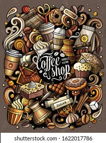 Cafe hand drawn vector doodles illustration. Coffee poster design. Drink and food elements and objects cartoon background. Bright colors funny picture