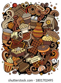 Cafe hand drawn vector doodles illustration. Coffee poster design. Drink and food elements and objects cartoon background. Bright colors funny picture