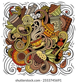 Cafe hand drawn vector doodles illustration. Coffee design. Tea time elements and objects cartoon background. Colorful funny picture