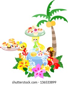 The cafe of the Hawaiian pancake that hibiscuses bloom. Cupcakes and the fruits juice are sold, too.