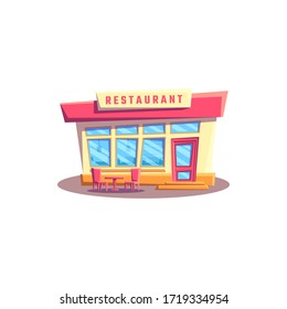 Cafe House Facade In Flat Style, Restaurant Building With Table And Two Chairs Outdoors Isolated. Vector Street Food, Glass Cafeteria, American Diner. Local Restaurant Commercial Building, Coffee Shop